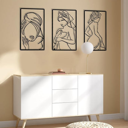 CHENGU 3 Pieces Metal Minimalist Abstract Woman Wall Art Line Drawing Wall Art Decor Single Line Female Home Hanging for Kitchen Bathroom Living Room