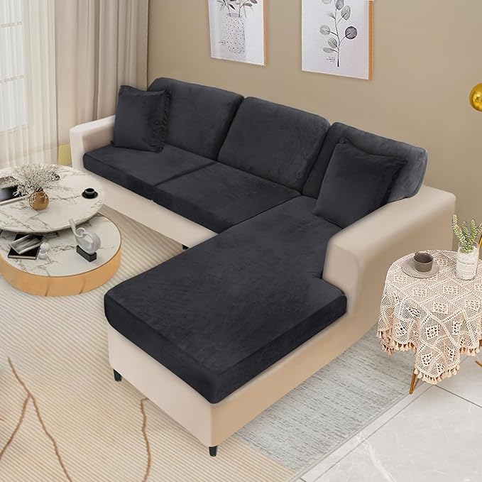 NAISI Sectional Couch Covers 6 Pieces Velvet Couch Cushion Covers L Shape Soft Stretch Sofa Slipcovers with 2pcs Pillowcases for Left/Right Chaise Sectional Couch(2 Seater+1 Chaise+3 Back,Black)