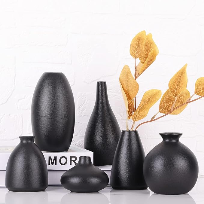 Set of 6 Matte Black Small Vases for Flowers, Ceramic Bud Vase Bulk Boho Centerpieces for Tables, Mini Short Vase Modern Bulk Wedding Centerpieces Ikebana Vases for Bridal Shower/House Warming Gift
