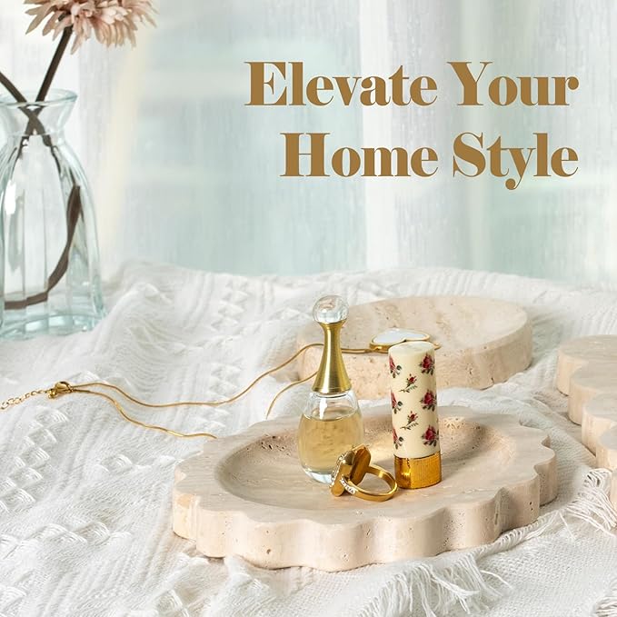 Koville 5.51" Travertine Tray, Round Stone Jewelry Dish for Ring Necklace Earring Perfume, Natural Marble Tray for Countertop Bathroom Kitchen Dresser, Beige Decorative Tray