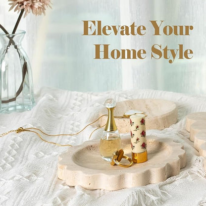 Koville 5.51" Travertine Tray, Round Stone Jewelry Dish for Ring Necklace Earring Perfume, Natural Marble Tray for Countertop Bathroom Kitchen Dresser, Beige Decorative Tray