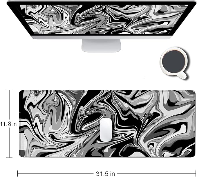 Large Gaming Mouse Pad, Extended XL Mousepad, Non-Slip Rubber Base Keyboard Mouse Mat Desk Pad for Work, Game, Office, Home, 31.5 x 11.8 in, Black Marble Fluid Design