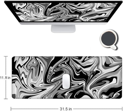 Large Gaming Mouse Pad, Extended XL Mousepad, Non-Slip Rubber Base Keyboard Mouse Mat Desk Pad for Work, Game, Office, Home, 31.5 x 11.8 in, Black Marble Fluid Design
