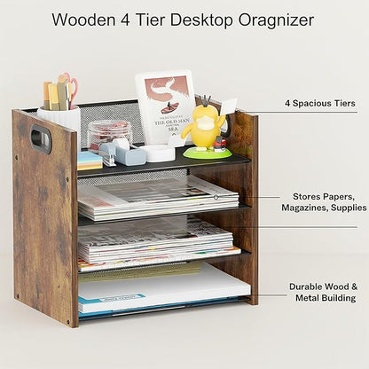 Wood Desk Organizer - 4-Tier Desktop File Organizer, Wooden Paper Organizer, Office Desk Organization for Accessories, Papers, Mail, Notebooks, Stationery