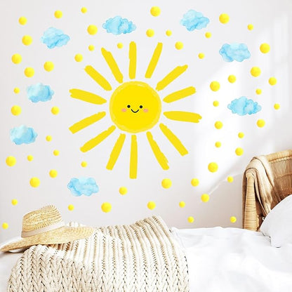 Sun Wall Decals Watercolor Cloud Wall Stickers for Kids Room, 12 Sheets Large Sun Cloud Wall Decor Posters Polka Dots Wall Stickers Home Decorations for Girls Room Bedroom Play Room