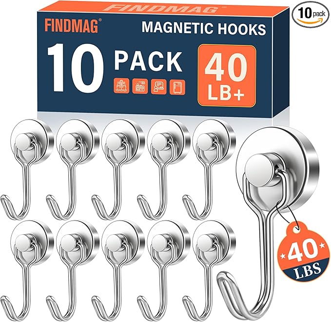 FINDMAG Magnetic Hooks, 40lbs+ Strong Magnetic Hooks for Cruise Cabins, Neodymium Magnet with Hook for Hanging, Magnetic Swivel Swing Hooks for Grill, Classroom, Home, Refrigerator (10 Pack, Silver)