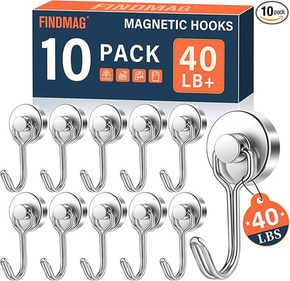 FINDMAG Magnetic Hooks, 40lbs+ Strong Magnetic Hooks for Cruise Cabins, Neodymium Magnet with Hook for Hanging, Magnetic Swivel Swing Hooks for Grill, Classroom, Home, Refrigerator (10 Pack, Silver)