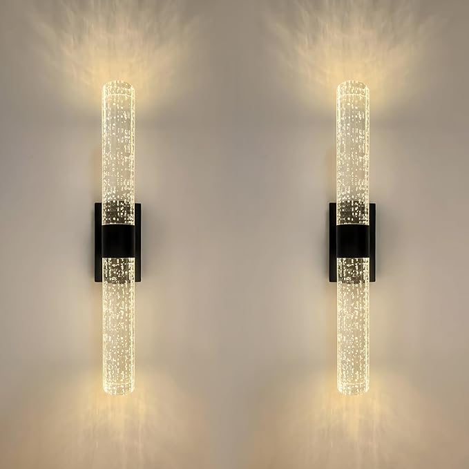 Battery Operated Crystal Wall Lights Rechargeable Set of 2 with Remote | Narrow Base Wireless Bubble Crystal Rod Wall Sconces Vanity Lights for Bathroom Bedroom Living Room (2 Pack, Black, 15.5'')