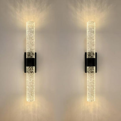 Battery Operated Crystal Wall Lights Rechargeable Set of 2 with Remote | Narrow Base Wireless Bubble Crystal Rod Wall Sconces Vanity Lights for Bathroom Bedroom Living Room (2 Pack, Black, 15.5'')