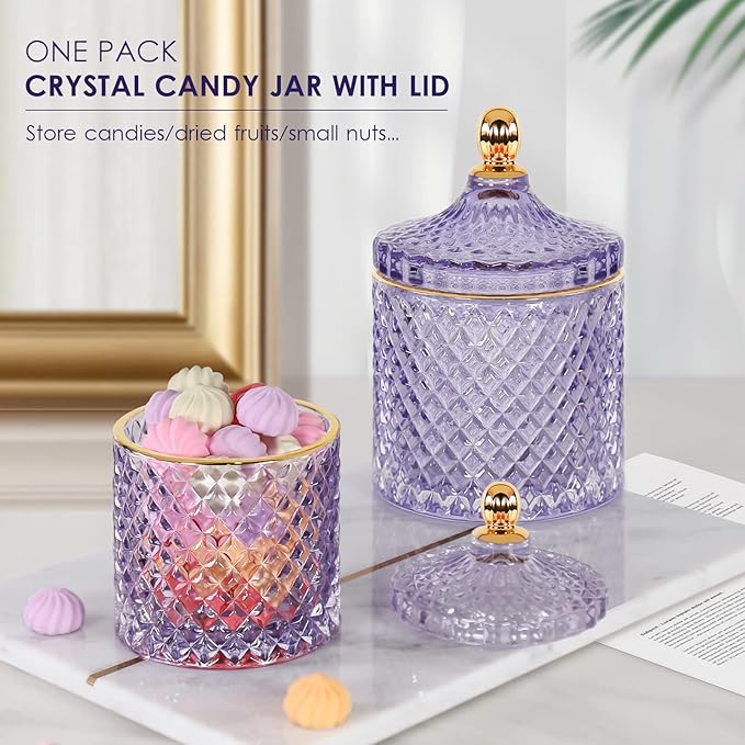 Candy Dish Glass Cookie Jar with Lid Candy Bowl for Office Desk Decor, Apothecary Jars Purple Bathroom Accessories Cute Room Decor Aesthetic, Q Tip Holder Decorative Glass Jewelry Box (20oz)