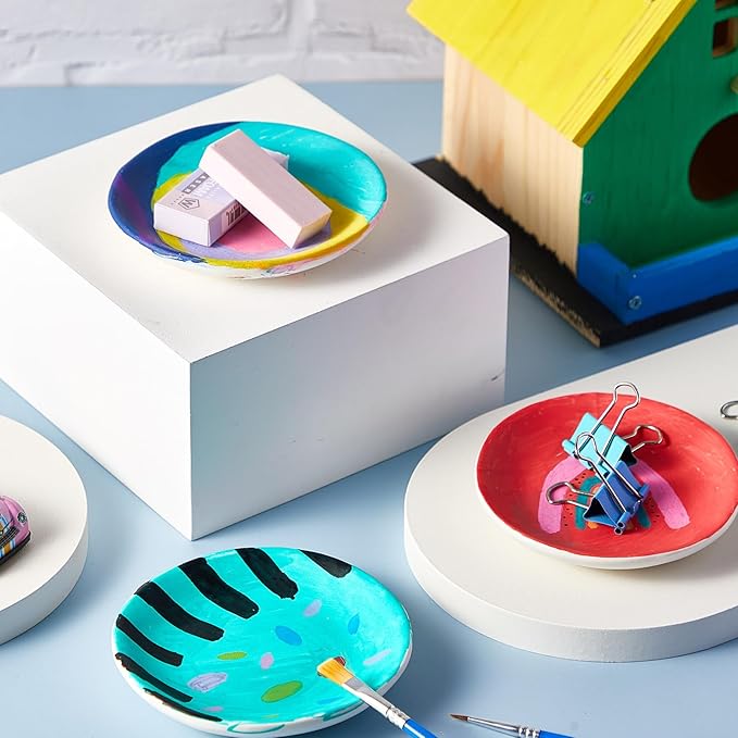 Kolldenn 8 Sets Jewelry Dish Making Kit DIY Paint Your Own Ceramic Arts and Crafts Kit Make Your Own Jewelry Bowls Gifts for Birthday Gift Ideas (Round Plate)