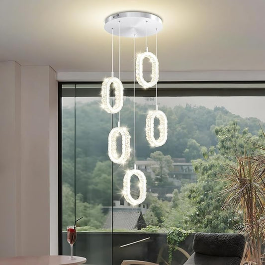 5 Ring Oval Chandelier for Dining Room, Chorme Crystal Chandelier Ring Pendant Light for Kitchen Island,Hallway, Entryway, Passway, Bedroom, Balcony Living Room