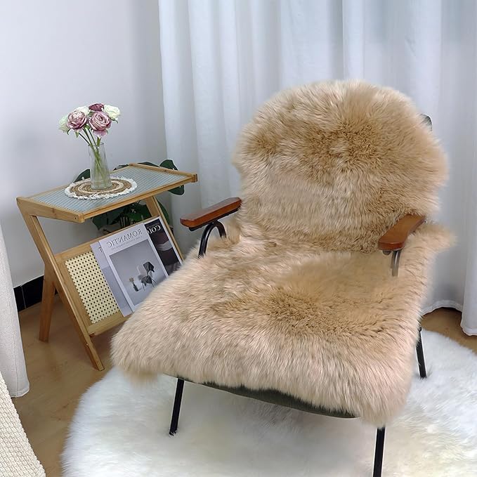 Genuine Sheepskin Rug New Zealand Fluffy Lambskin Rug, Natural Luxury Sheepskin Throw for Bedroom Living Room Children's Room Office- Premium Area Rug Chair Cover (2×3 Feet, Worm Brown)