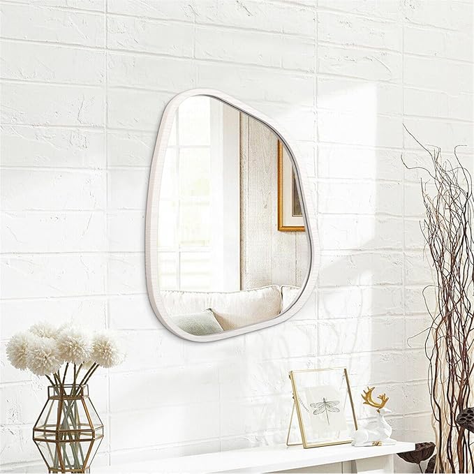 Asymmetrical Mirror Small 16"x12" Irregular Wall Mirror Modern Wood Frame Unique Shape Wall Mounted Vanity Artistic Mirror Decorative for Living Room Bedroom Bathroom Entryway Hallway