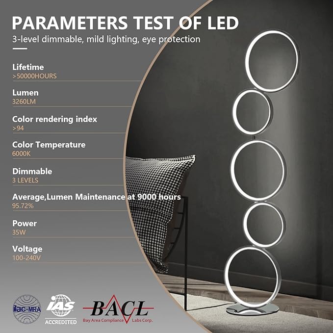 COSYLUX LED Modern Floor Lamp for Bedroom, 3 Way Bright Dimmable Corner Standing lamp with 5-Ring for Living Room & Office Reading Light, 3260LM, 6000K, Chrome.