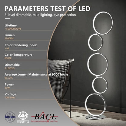 COSYLUX LED Modern Floor Lamp for Bedroom, 3 Way Bright Dimmable Corner Standing lamp with 5-Ring for Living Room & Office Reading Light, 3260LM, 6000K, Chrome.