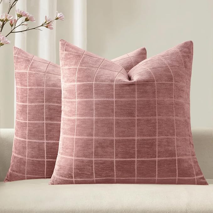 MIULEE Valentines Decorative Chenille Throw Pillow Covers Vintage Plaid Couch Pillows 18x18 Inch Set of 2 Boho Farmhouse Cushion Covers Modern Spring Home Decor for Sofa Bed Living Room Blush Pink