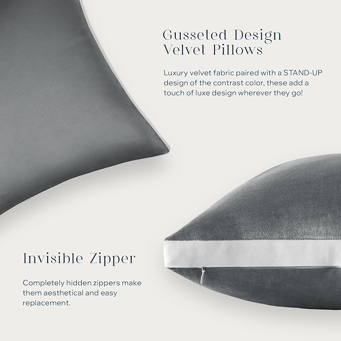 Phantoscope Pack of 2 Velvet Throw Pillow Covers, Decorative Soft Velvet Pillows Accent Double-Sided Gusseted Design, Square Cushion Case for Couch Sofa Bed, Deep Grey, 18 x 18 inches 45 x 45 cm