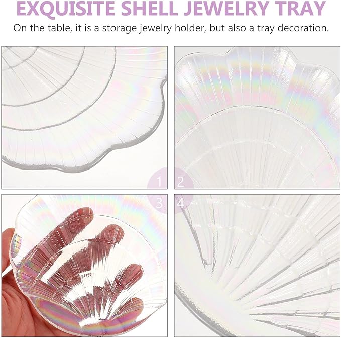 Shell-Shaped Jewelry Tray and Earrings Plate, Iridescent Glass Jewelry Storage Dish for Desktop Organization and Display