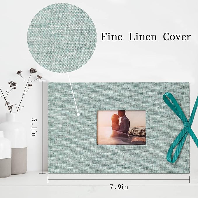 Vienrose Photo Album 4x6 50 Pockets Linen Frame Cover with Memo Areas Photobook Mini Slip-in Picture Book for Wedding Baby Vacation, Lightgreen