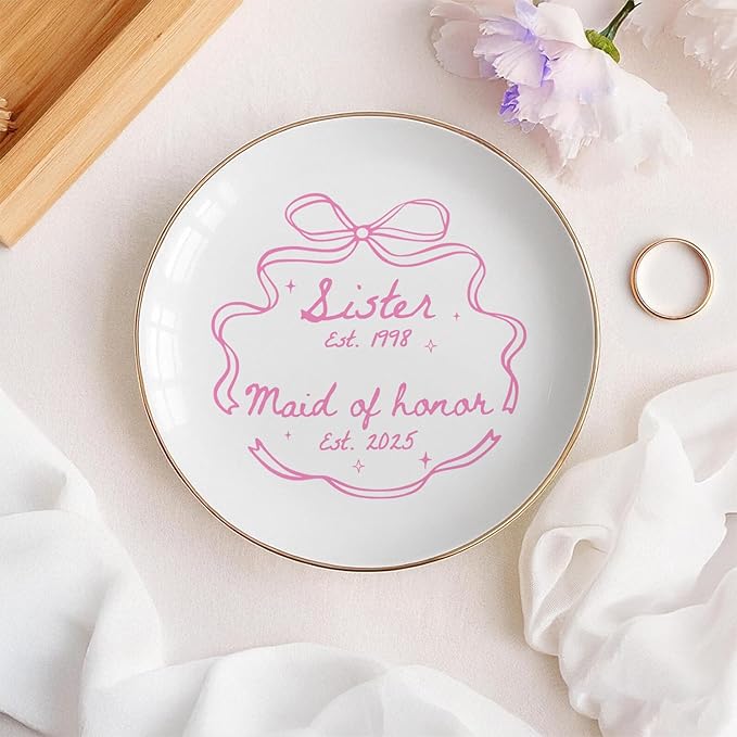 Personalized Maid of Honor Ring Dish, MOH Jewelry Dish Ceramic, Wedding Bridal Shower Bachelorette Gifts for Bridesmaid, Maid of Honor Proposal Dish Gift from Bride
