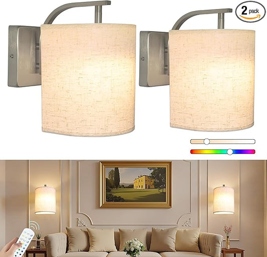 Wireless Wall Sconces Set of 2, Rechargeable Battery Operated Wall Lights with Remote, Dimmable Magnetic LED Bulbs,12 RGB Colors and Timer, Cordless Sconces for Bedroom Living Room (Silver)