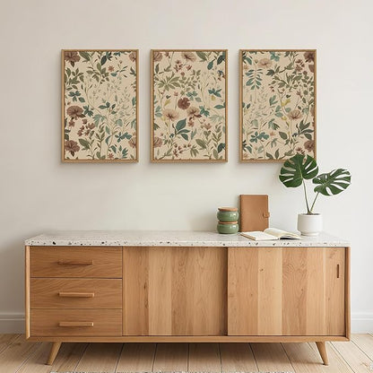 Aryroi Large Abstract Vintage Floral Framed Canvas Wall Art Set,Boho Retro Neutral Wildflower Wall Decor,Mid Century Antique Flower Botanical Artwork for Living Room,Bedroom,Farmhouse- 24"x36"x3