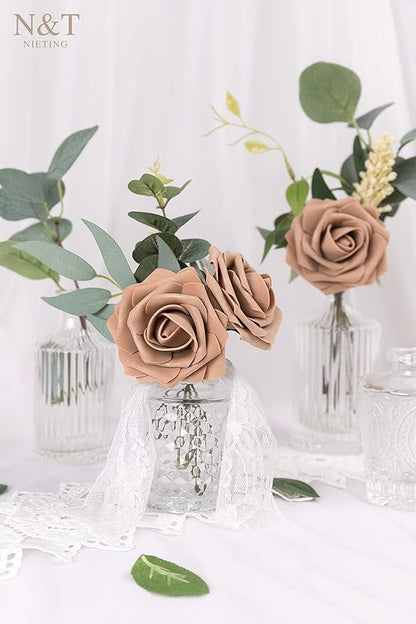 N&T NIETING Artificial Flowers Light Brown Roses, 50 Pcs Faux Flowers Fake Flowers Perfect for DIY Wedding Bouquets Centerpieces Birthday Party Home Flower Arrangement Decorations Fall Flowers