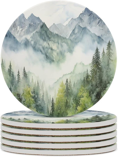 Round-6PCS Forest Ceramic Coasters, Round Absorbent Drink Coasters, Watercolor Style Nature Woodland Green Forest Mountain Plant Ceramic Table Coasters for Coffee, Beverage, Wine, Beer Coasters