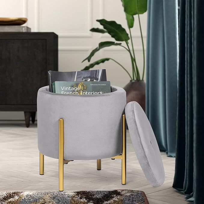 Adeco Upholstered Tufted Round Storage Ottomans, Grey Modern Velvet Footrest Ottomans with Storage for Couch