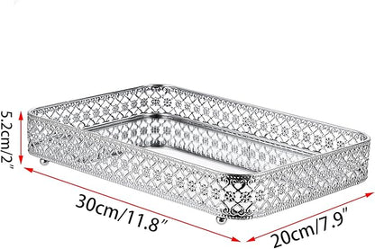 ELLDOO Perfume Mirror Tray Vanity Makeup Hollow-Carved Jewelry Organizer Glass Metal Trinket Storage Tray Home Decor Organizer for Dresser Bathroom Countertop,Silver,Medium Size