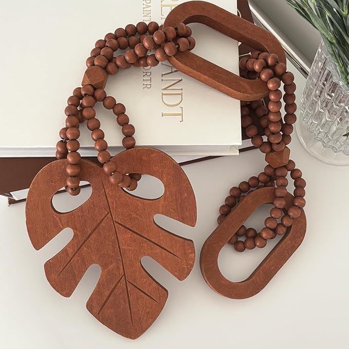 Unique Wood Beads with Chain Link and Leaf, Decorative Beads Home Decor, Knot Beaded Garland Decor, Housewarming Gift, Brown