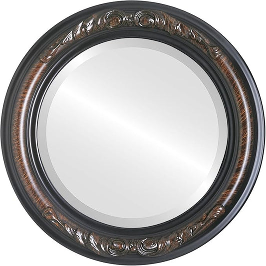 OVALCREST Round Beveled Wall Mirror for Home Decor - Florence Style - Vintage Walnut - 28x28 Outside Dimensions