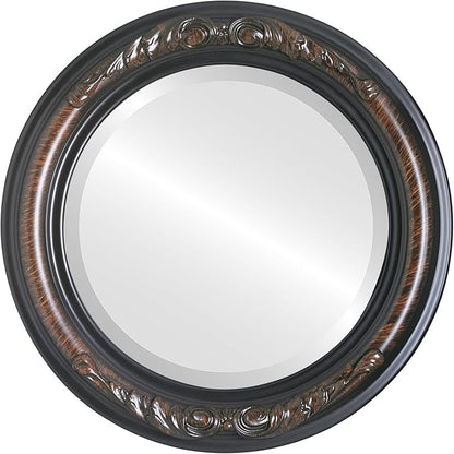 OVALCREST Round Beveled Wall Mirror for Home Decor - Florence Style - Vintage Walnut - 18x18 Outside Dimensions