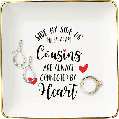 Topthink Side by or Miles Apart Cousins Are Always Connected Heart - Ceramic Jewelry Holder Ring Dish Trinket Tray Birthday Christmas Graduation Wedding Long Distance Going Away Gift for Cousin Her