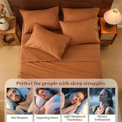 MEISHANG 100% French Pure Linen Sheets King Size - Bed Sheets 4 Piece Sets, Soft Durable Flax Linen, Anti-Tear Breathable Oeko-Tex Certified with 16" Deep Pocket (Brown)