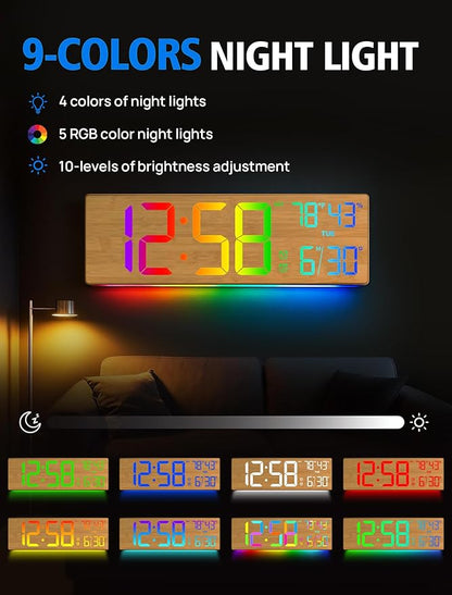 2025 Upgrade 18.5" Large Digital Wall Clock with Remote Control, Big LED Display Digital Clocks with Night Light, Alarm, Countdown, DST, Temp for Living Room, Bedroom, Office, Gift for Seniors(Bamboo)