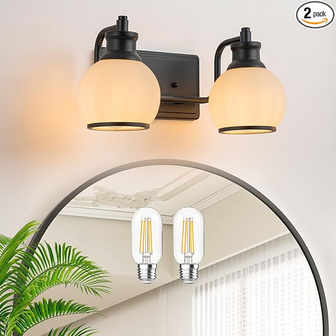 2 Light Modern Bathroom Light Fixtures Over Mirror (LED Bulbs Included), Black Vanity Lights for Bathroom Wall Sconces with Milky White Globe Glass Shades