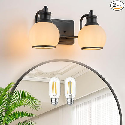 2 Light Modern Bathroom Light Fixtures Over Mirror (LED Bulbs Included), Black Vanity Lights for Bathroom Wall Sconces with Milky White Globe Glass Shades