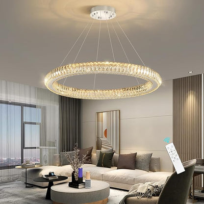 Modern Ring Chandelier LED Dimmable Living Room Chanderliers Entryway High Ceiling Crystal Ring Pendant Lights for Dining Room Bedroom Silver Interior Light