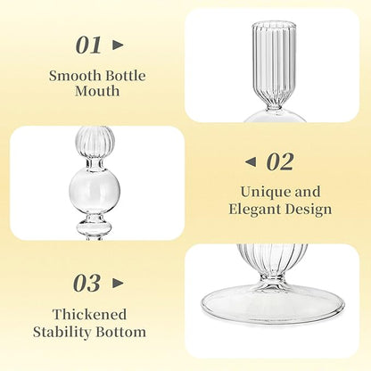 Hewory Glass Candlestick Holders Set: 3PCS Clear Candle Holder Taper Candle Holders Bulk, Crystal Ribbed Candle Sticks Holder Decor for Table Centerpiece Wedding Christmas Thanksgiving Dinner