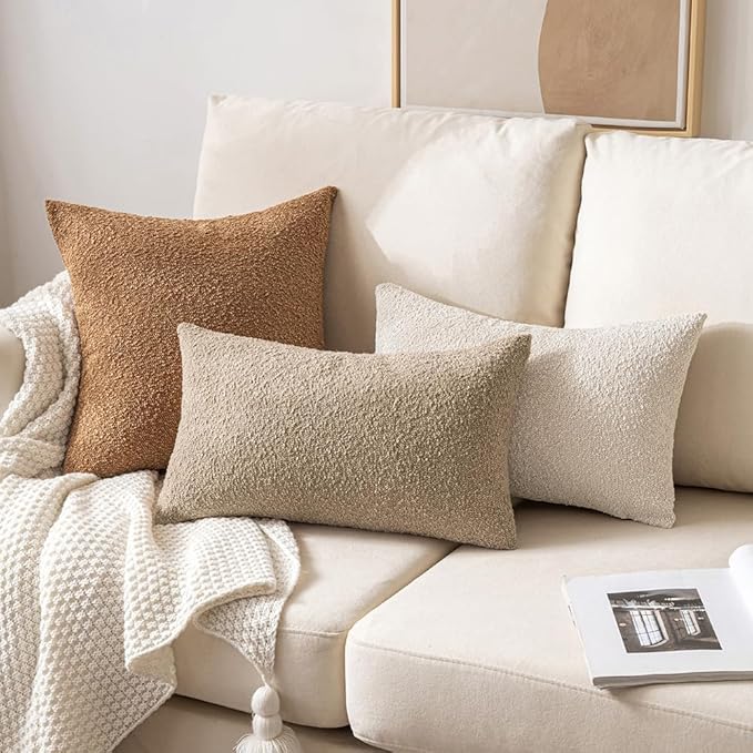 MIULEE Textured Boucle Throw Pillow Cover Khaki Accent Solid Lumbar Pillow Case Decorative Soft Pack of 1 Couch Cushion Chair Sofa Bedroom Livingroom Home Decor,12x20 Inch