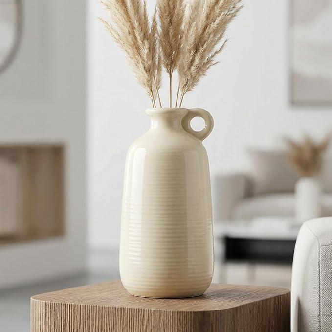 Sunddo Ceramic Flower Vase, 10 Inch Tall Modern Decorative Vase with Handle, Neutral Decor for Entryway, Living Room, Table Shelf, Bookshelf, Mantel Decor