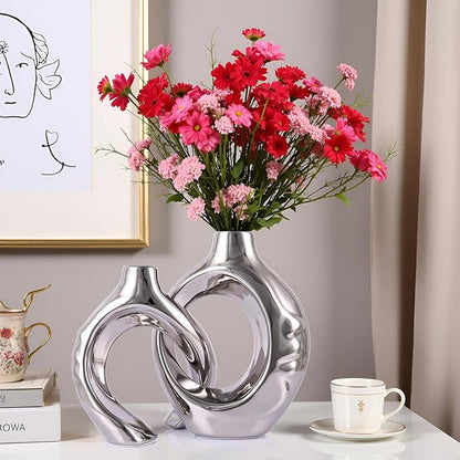 LCCCK Gold Ceramic Vases for Home Decor, Boho Vase for Flowers Pampas Grass Decorative, Hollow Donut Small Vase for Living Room Table Wedding Centerpiece Modern Vases (Silver)