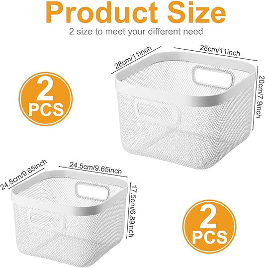 4 Pack Metal Mesh Basket with Hollow Handles White Wire Storage Bin for Organizing Stackable Metal Fine Mesh Basket for Pantry Bathroom Kitchen Cabinets Shelves (Medium and Large)