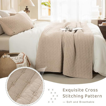 Sanracie Oversized King Bedspread (128"x120"), 100% Cotton Cross Stitch Pattern California King Coverlet Quilt Set 3Pcs Warm Taupe Colored Lightweight Extra Large King Bed Quilt for All Season