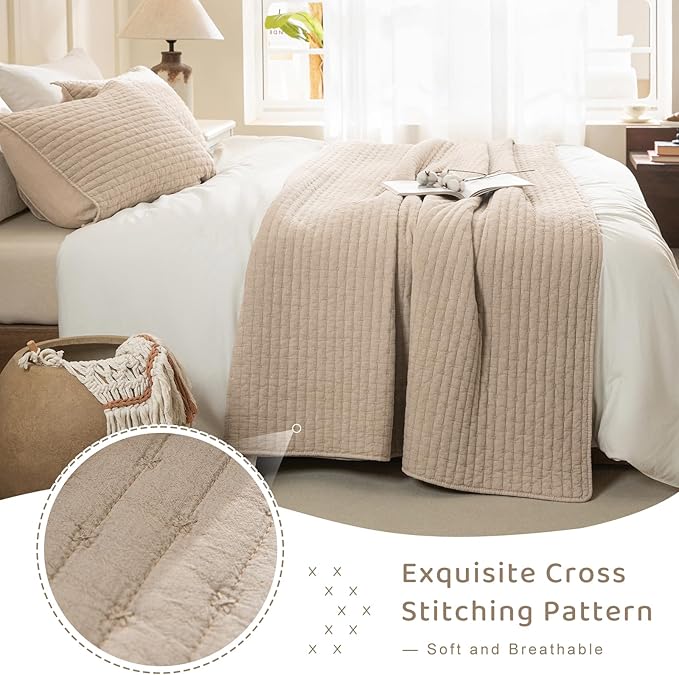 Sanracie 100% Cotton Oversized King Quilt (120"x120"), Warm Taupe Colored Cross Stitch Pattern Quilt Bedding Set 3Pcs Ultra Soft Cozy California King Bed Coverlet Set for All Season