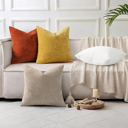 decorUhome Chenille Cream White Spring Throw Pillow Covers 26x26 Inch Set of 2, Decorative Soft Couch Pillow Covers Solid Dyed Accent Farmhouse Neutral Square Pillow Cases for Sofa