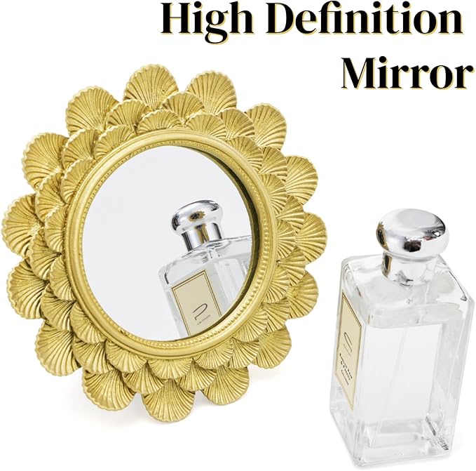 6.5" Vintage Vanity Makeup Desk Mirror, Small Gold Round Mirror for Table, Antique Scallop Edged Wall Mirror Decorative for Living Room Bedroom Dressing Tabletop
