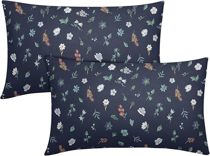 Vitage Floral Lumbar Pillow Covers 12x20 Set of 2 Navy Green Spring Flower Leaf Pattern Rustic Decorative Outdoor Farmhouse Boho Pillowcases Decorations Throw Cushion Cover Decor for Couch Sofa Bed